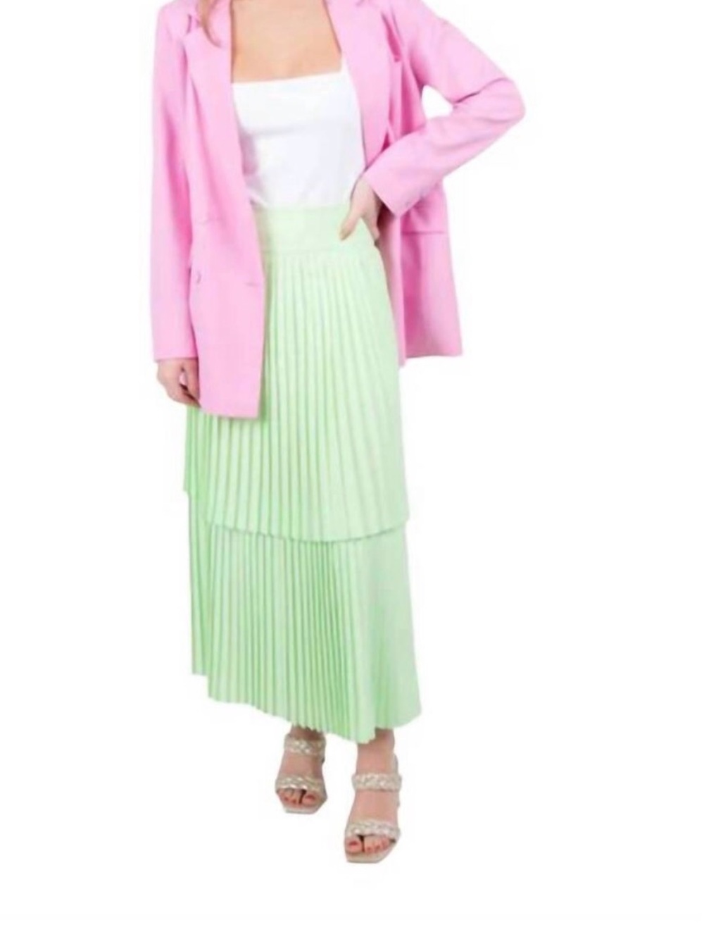 Emily McCarthy- Mint green Tiered Pleated Maxi Skirt- Size S